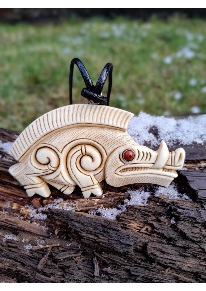 Hand-carved Celtic motifs wild boar amulet. Norse mythology