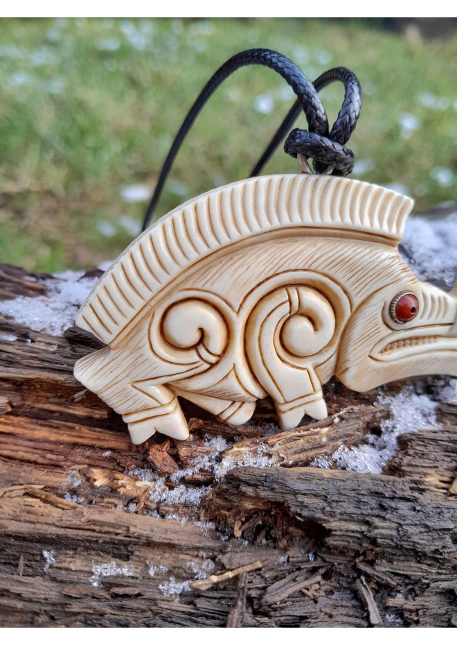 Hand-carved Celtic motifs wild boar amulet. Norse mythology