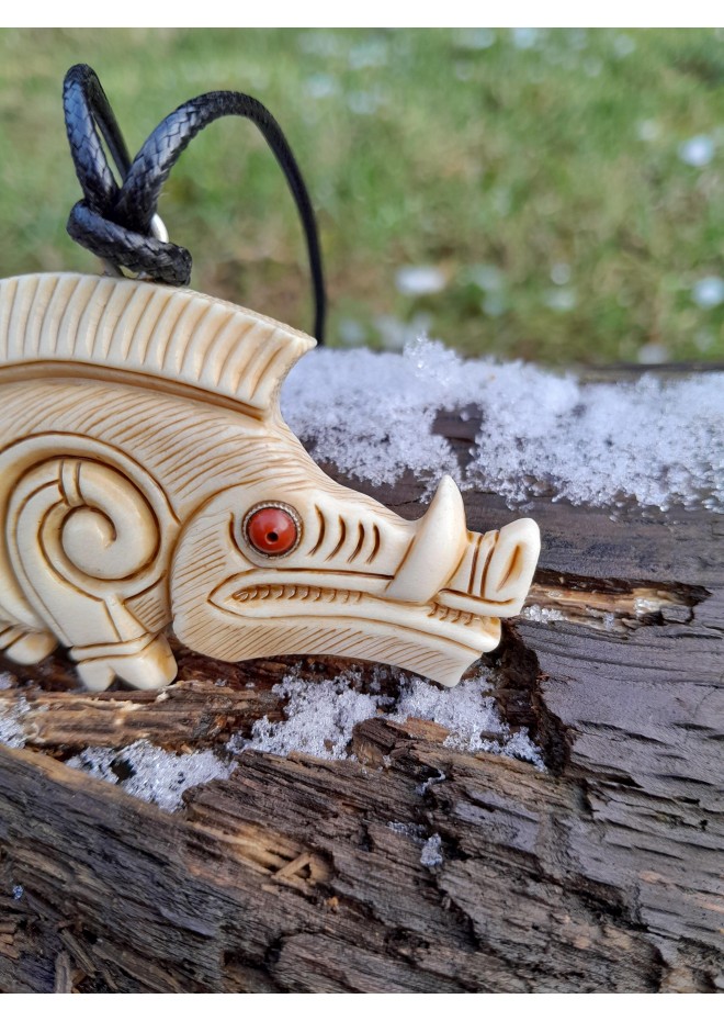 Hand-carved Celtic motifs wild boar amulet. Norse mythology