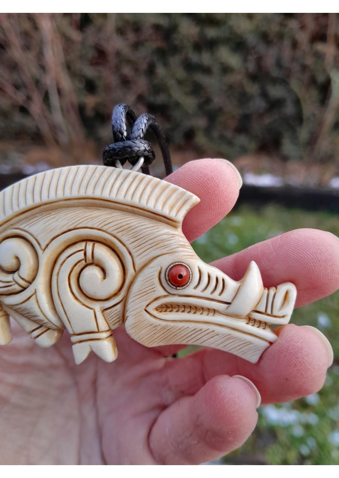 Hand-carved Celtic motifs wild boar amulet. Norse mythology