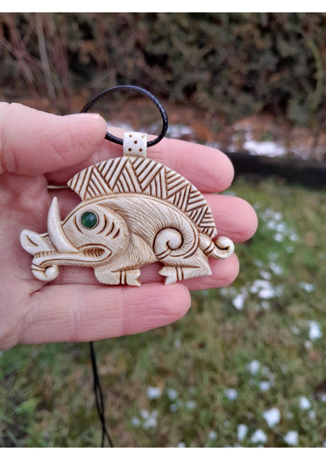 Celtic Boar pendant. Antler hand-carved amulet