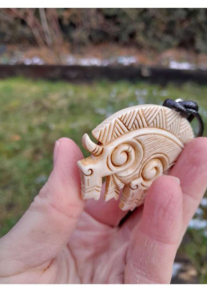 Freyr boar antler hand-carved necklace.