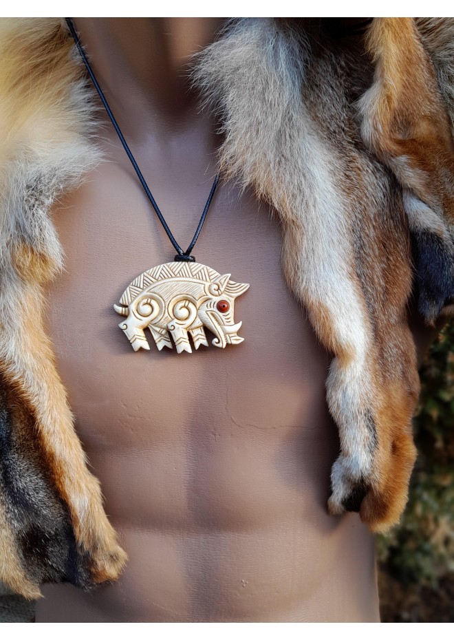 Freyr boar antler hand-carved necklace.