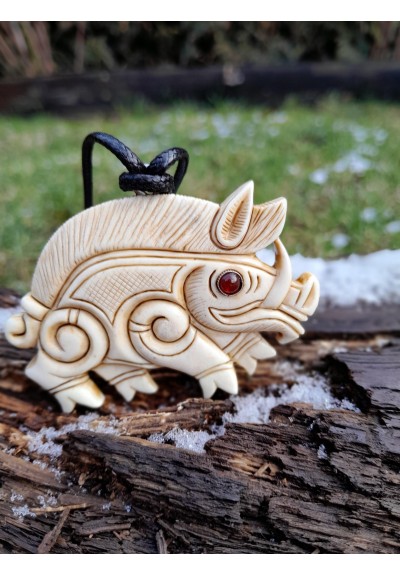 Antler hand-carved Viking boar pendant. Norse pagan jewelry