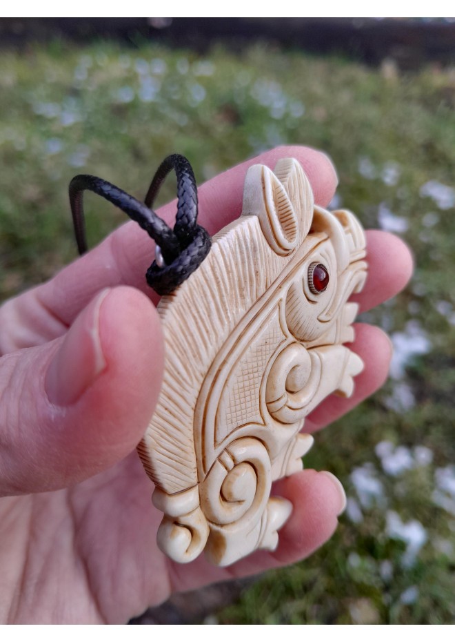 Freyr boar hand-carved antler pendant. Viking jewelry