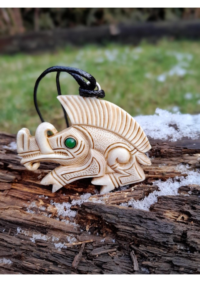 Unique Viking-style amulet: Boar design with green eye