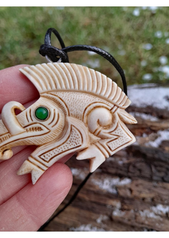 Unique Viking-style amulet: Boar design with green eye