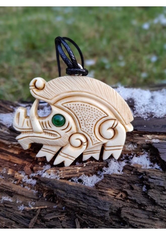 Exclusive moose antler Boar pendant with green eye & Algiz