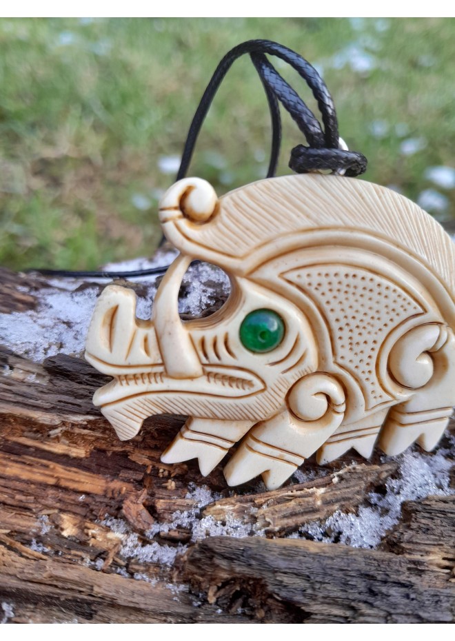 Exclusive moose antler Boar pendant with green eye & Algiz