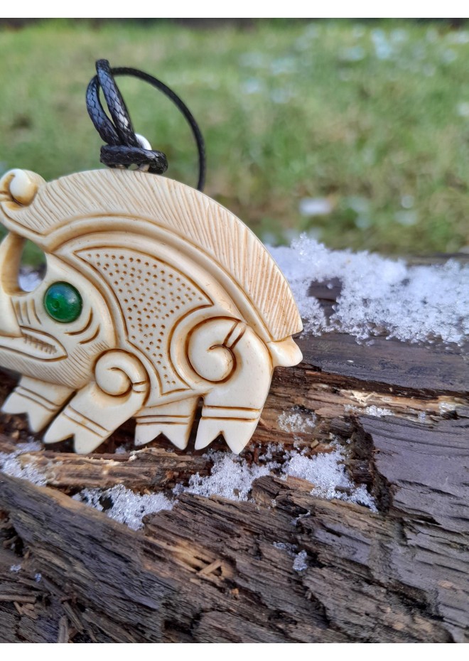 Exclusive moose antler Boar pendant with green eye & Algiz