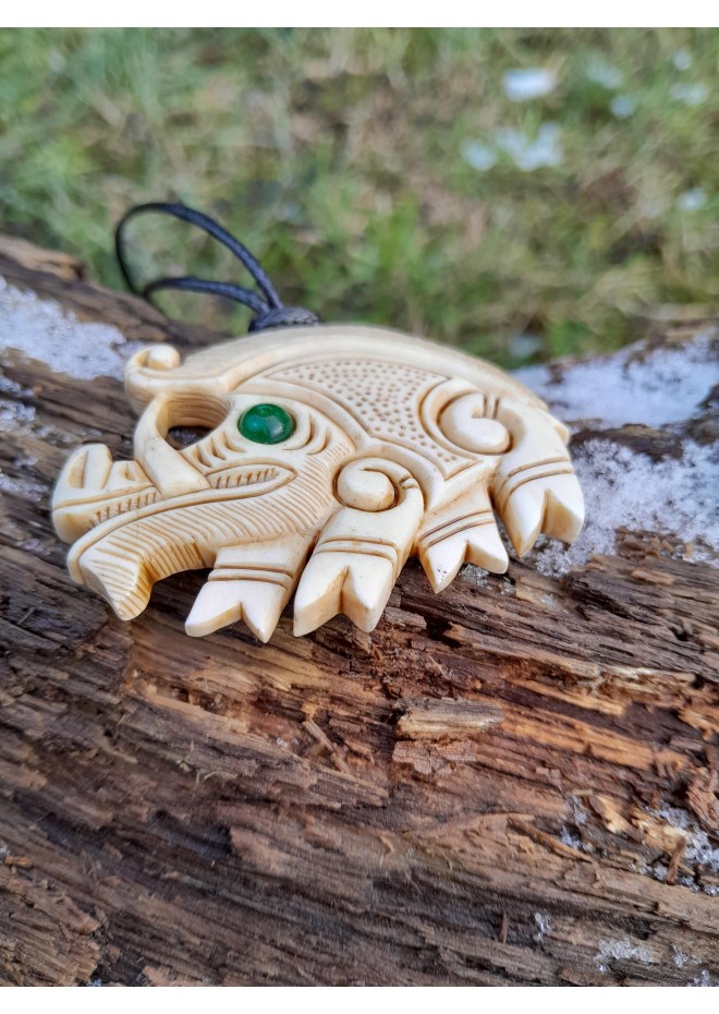 Exclusive moose antler Boar pendant with green eye & Algiz