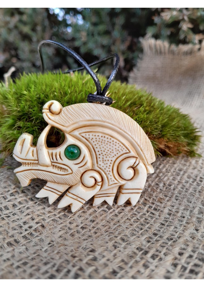 Exclusive moose antler Boar pendant with green eye & Algiz