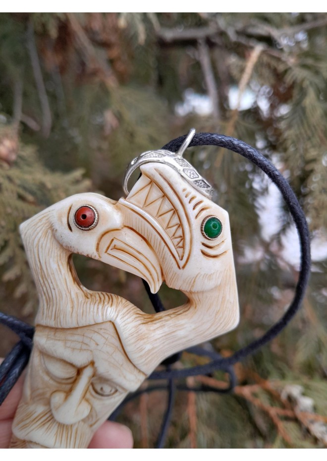 Odin head amulet with Raven & Dragon. Moose antler carving