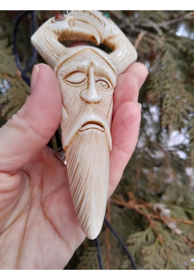 Odin head amulet with Raven & Dragon. Hand-carved