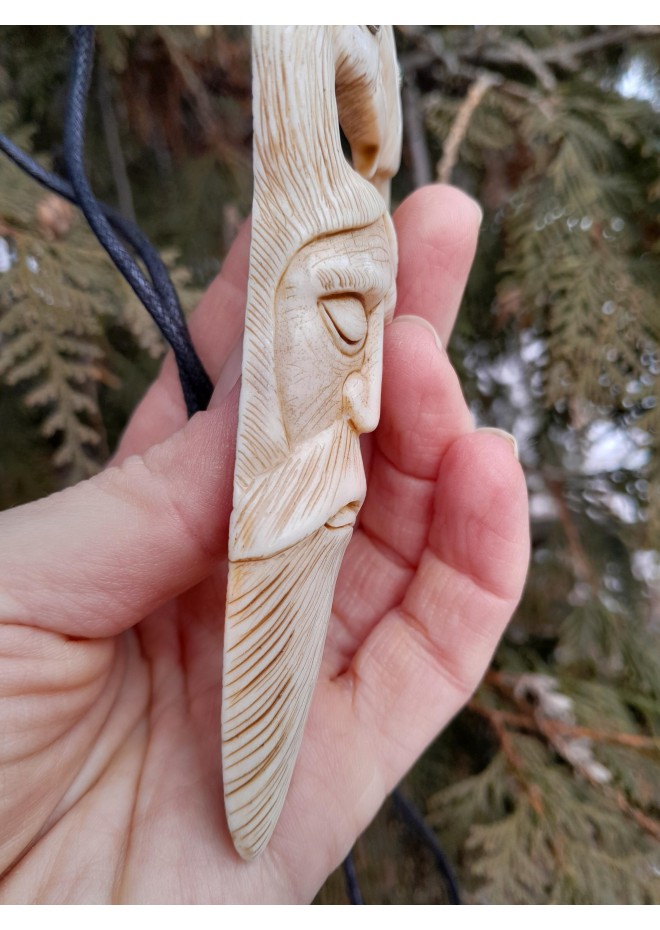 Odin head amulet with Raven & Dragon. Moose antler carving