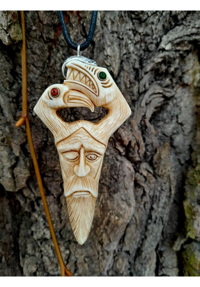 Odin head amulet with Raven & Dragon. Hand-carved