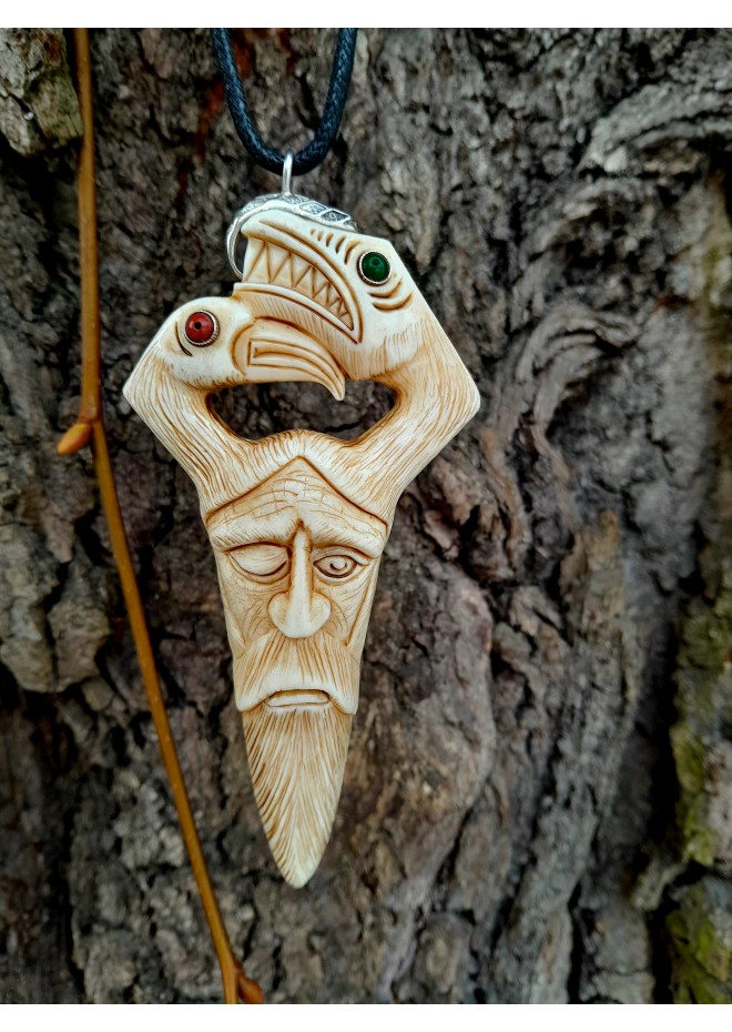 Odin head amulet with Raven & Dragon. Moose antler carving