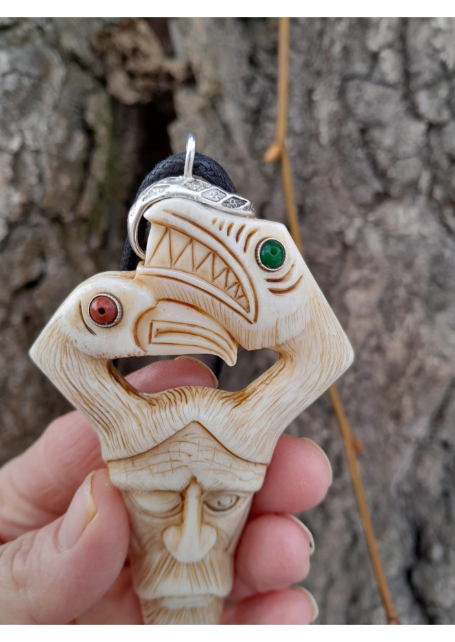 Odin head amulet with Raven & Dragon. Moose antler carving