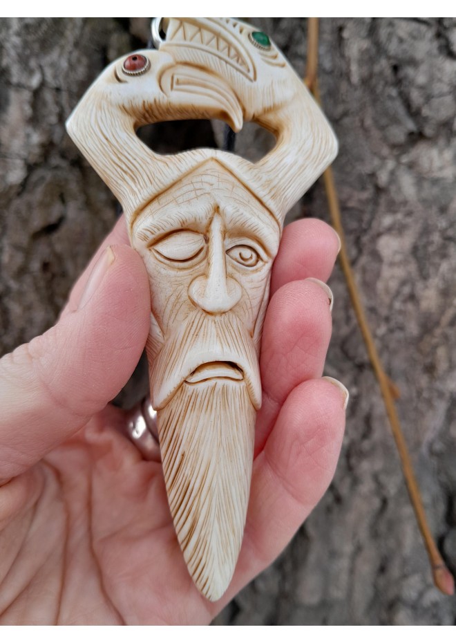 Odin head amulet with Raven & Dragon. Moose antler carving