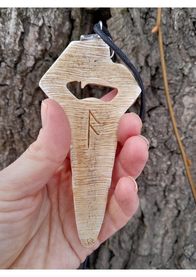 Odin head amulet with Raven & Dragon. Moose antler carving