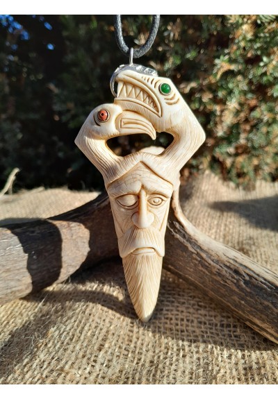 Odin head amulet with Raven & Dragon. Hand-carved