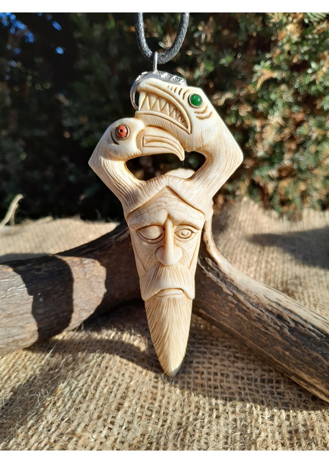 Odin head amulet with Raven & Dragon. Moose antler carving