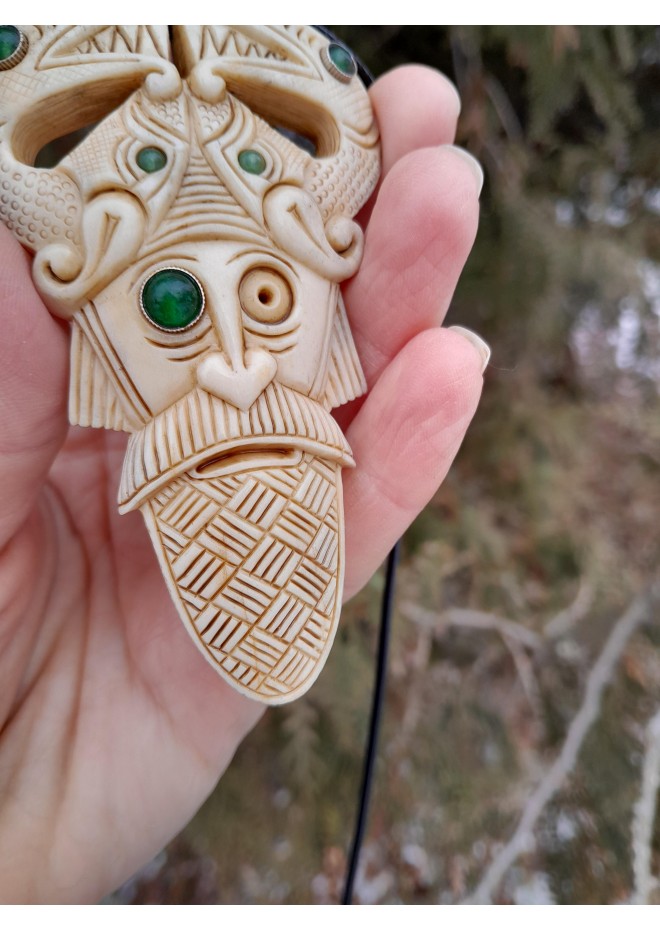 Viking pagan amulet: Odin with Ravens & Dragons. Hand-carved