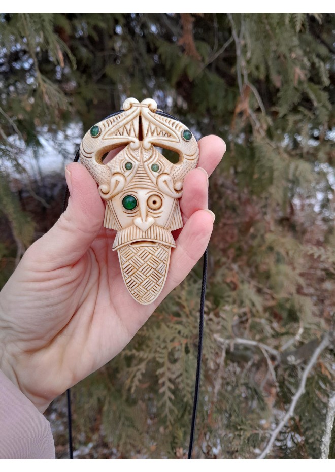 Viking pagan amulet: Odin with Ravens & Dragons. Hand-carved