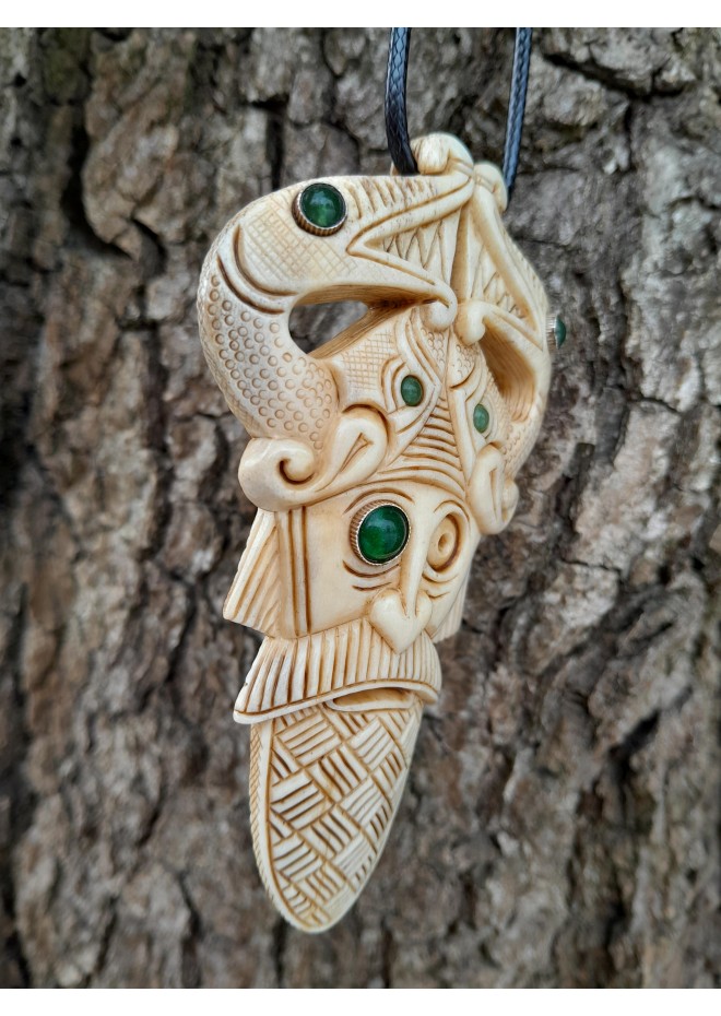 Viking pagan amulet: Odin with Ravens & Dragons. Hand-carved