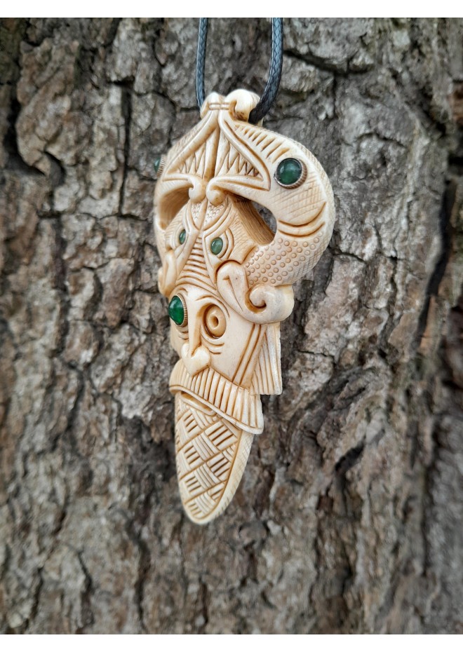 Viking pagan amulet: Odin with Ravens & Dragons. Hand-carved