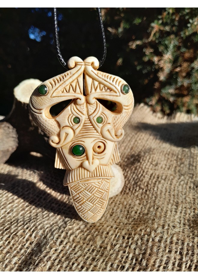 Viking pagan amulet: Odin with Ravens & Dragons. Hand-carved