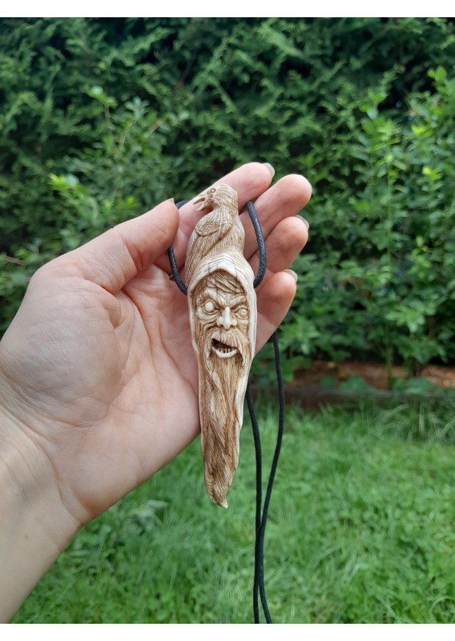 Unique Allfather God Odin pendant . Moose antlers hand-carved 