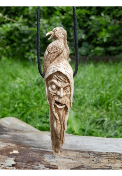 Unique Scandinavian artwork. Hand carved Viking God Odin face pendant with raven. Óðinn amulet. Allfather art, Wotan Jewelry. Huginn Muninn