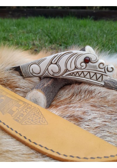 Handmade premium Norse knife with Dragon head handle and leather sheath. Hand-forged blade. 