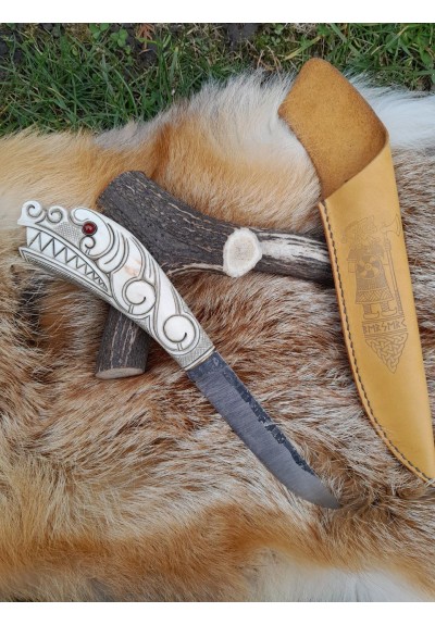 Handmade premium Norse knife with Dragon head handle and leather sheath. Hand-forged blade. 