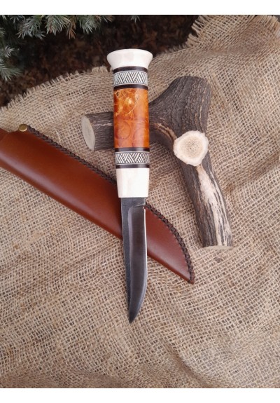 Handmade Finnish traditional knife "Puukko" with master engraving and leather sheath. Hand-forged Carbon steel blade. Antler and wood handle