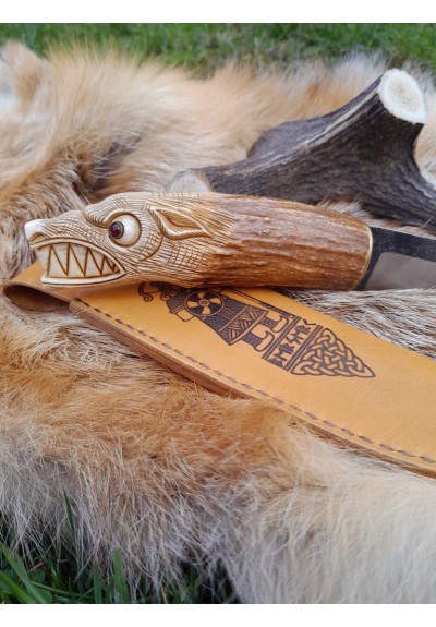 Unique Norse Wolf knife with leather sheath. Antler hand-carved handle. Sharp hand-forged Carbon Steel.