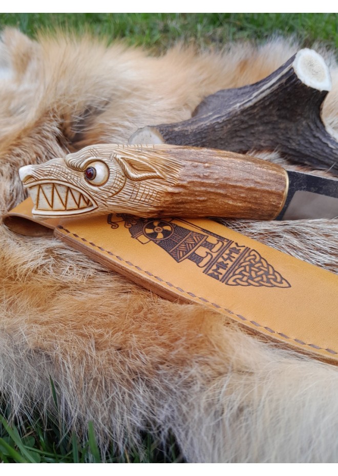 Norse Viking knife "Wolf". Moose antlers carved handle. Hand forged steel.