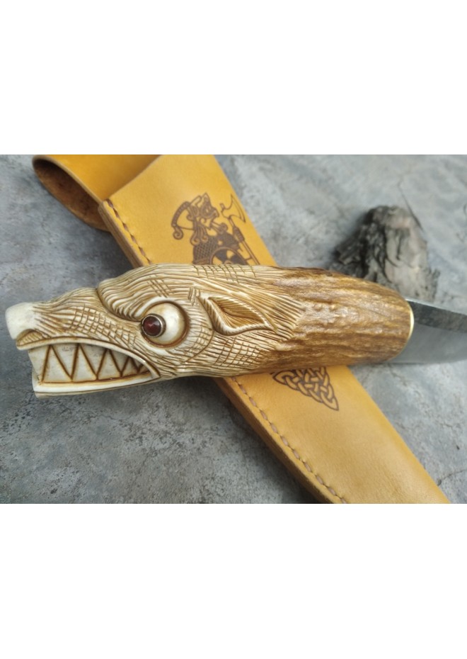 Norse Viking knife "Wolf". Moose antlers carved handle. Hand forged steel.