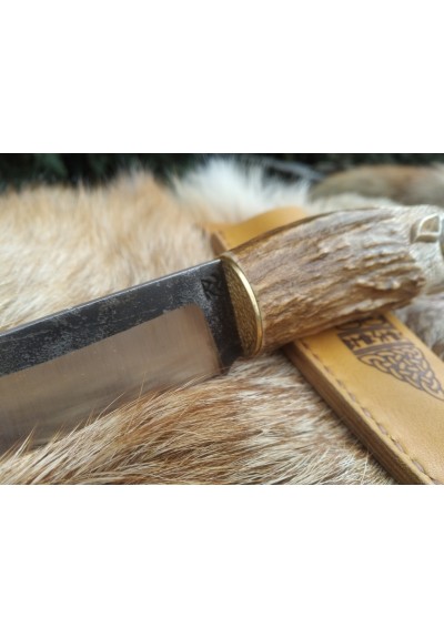 Unique Norse Wolf knife with leather sheath. Antler hand-carved handle. Sharp hand-forged Carbon Steel.