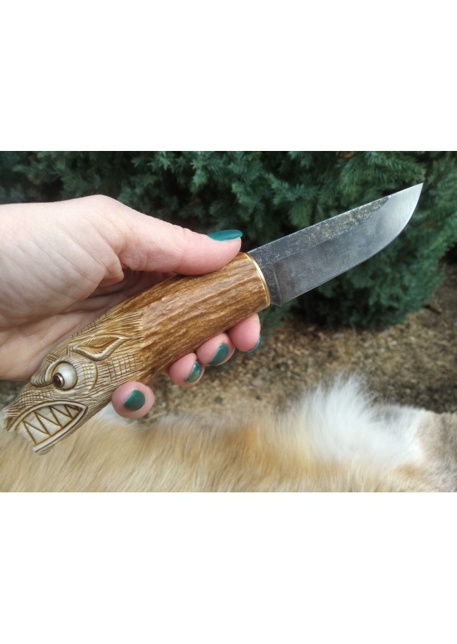 Norse Viking knife "Wolf". Moose antlers carved handle. Hand forged steel.