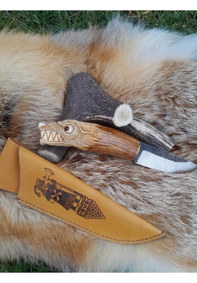 Unique Norse Wolf knife with leather sheath. Antler hand-carved handle. Sharp hand-forged Carbon Steel.