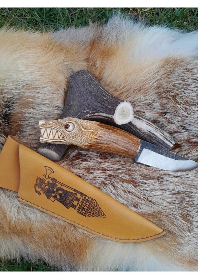 Norse Viking knife "Wolf". Moose antlers carved handle. Hand forged steel.