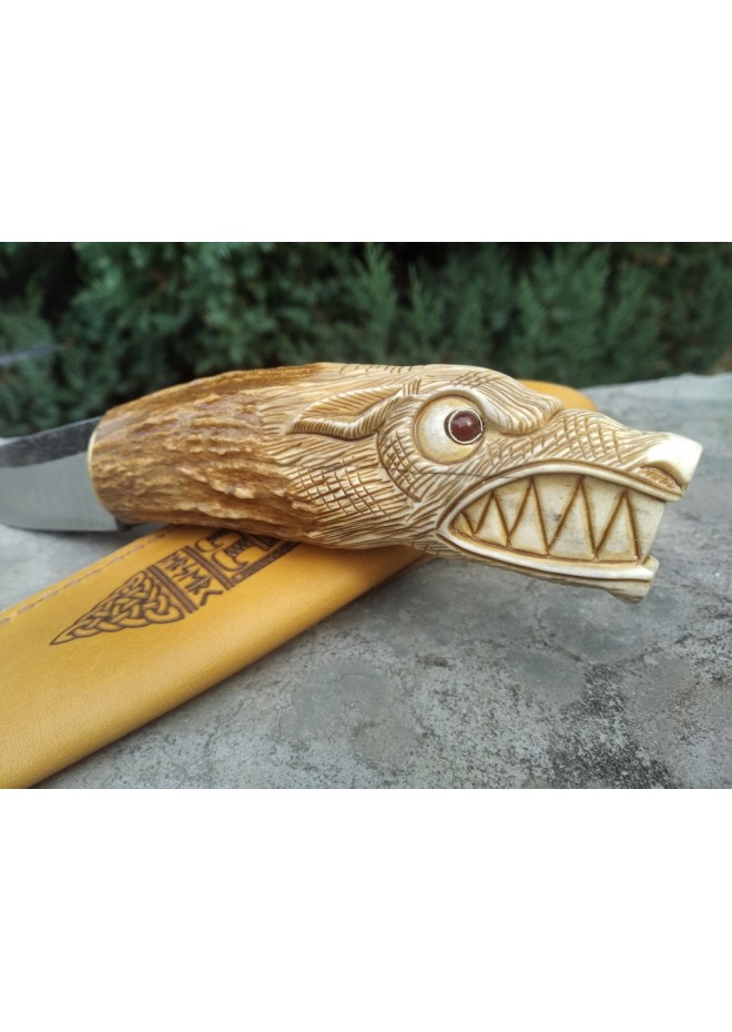 Norse Viking knife "Wolf". Moose antlers carved handle. Hand forged steel.