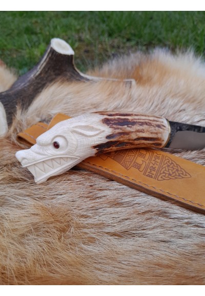 Unique Norse Wolf knife with leather sheath. Antler hand-carved handle. Sharp hand-forged Carbon Steel.