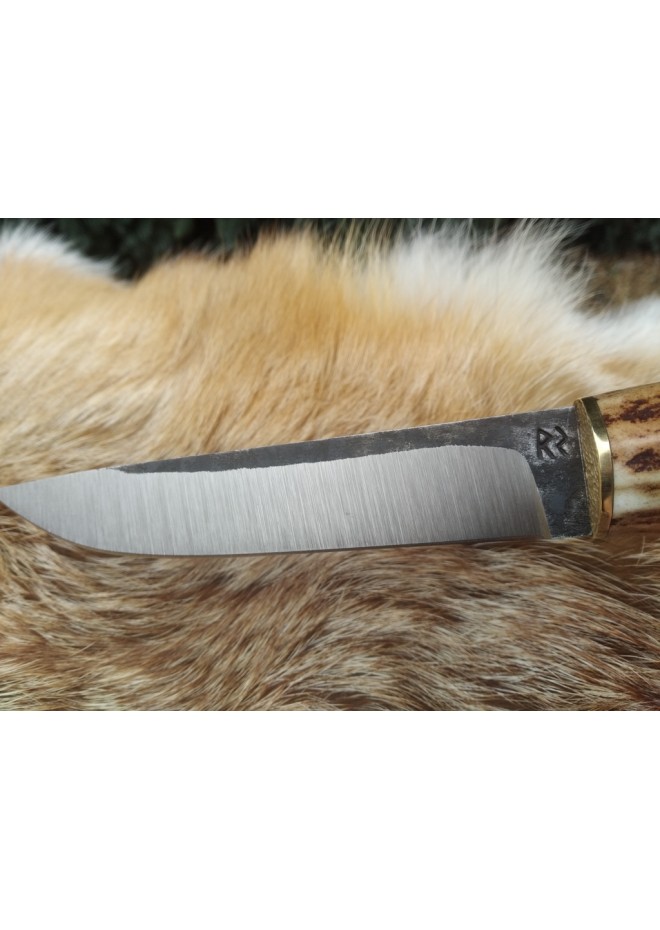 Hand Forged Viking hunting knife "Wolf" with leather sheath. Moose antlers hand-carved handle. 