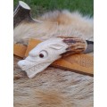 Hand Forged Viking hunting knife "Wolf" with leather sheath. Moose antlers hand-carved handle. 