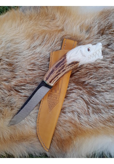 Unique Norse Wolf knife with leather sheath. Antler hand-carved handle. Sharp hand-forged Carbon Steel.