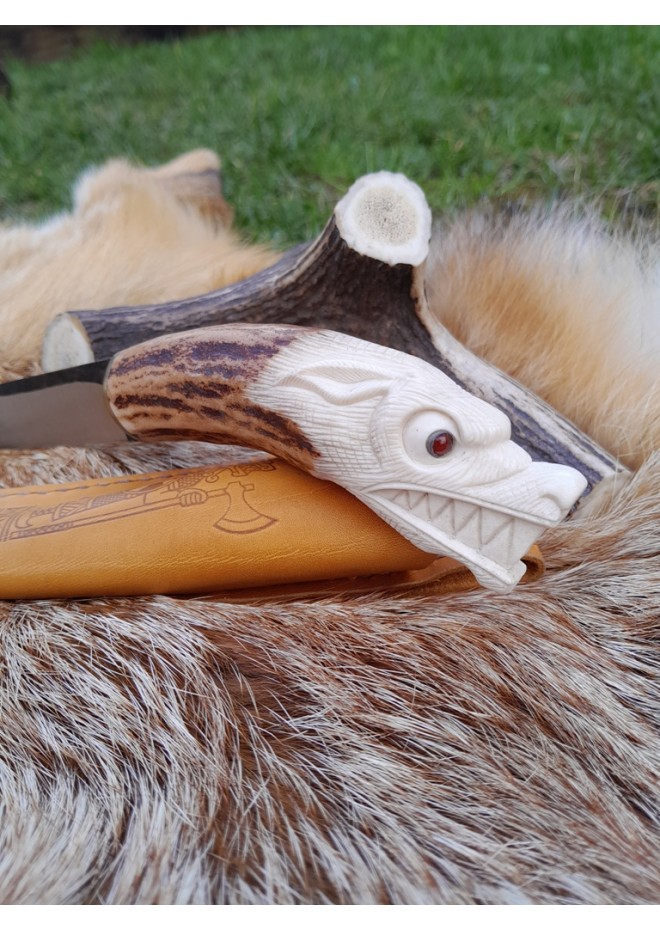 Hand Forged Viking hunting knife "Wolf" with leather sheath. Moose antlers hand-carved handle. 