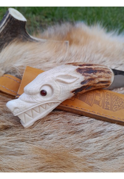 Unique Norse Wolf knife with leather sheath. Antler hand-carved handle. Sharp hand-forged Carbon Steel.